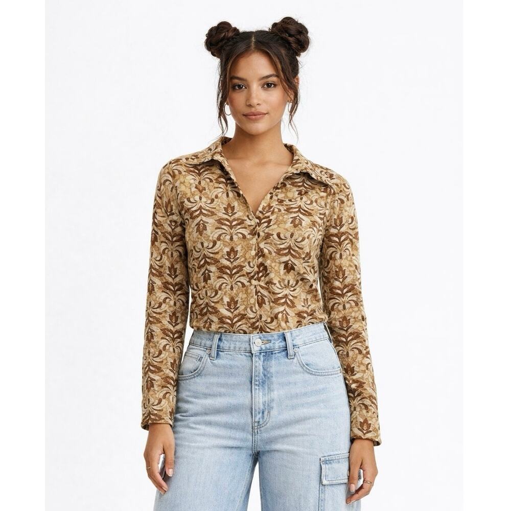 Nine West Women's Small Button Up Blouse Y2K Vintage Printed Sheer Shirt